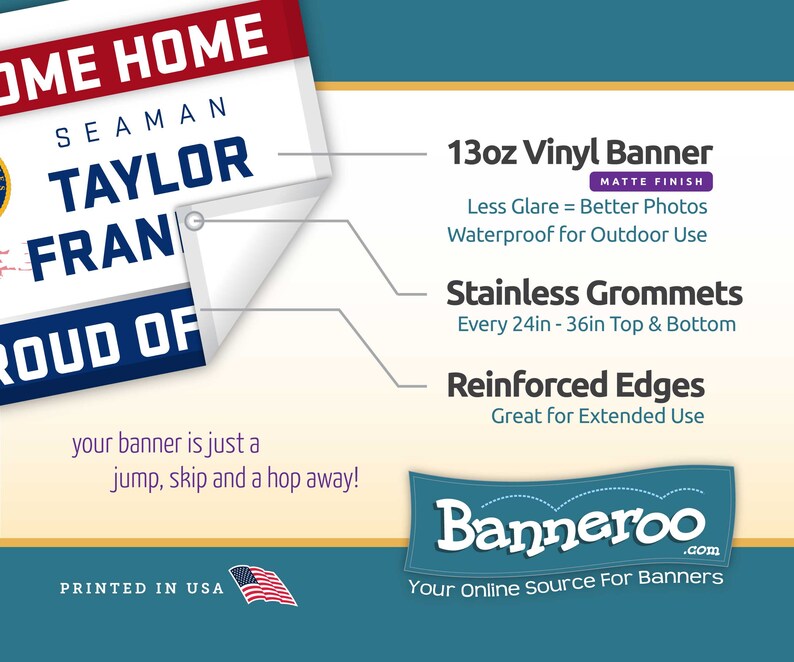 Puede incluir: Una pancarta de vinilo de 13 oz con acabado mate. La pancarta est&aacute; impresa con el texto "Welcome Home Seaman Taylor Fran Proud Of" y presenta un gr&aacute;fico de bandera estadounidense. La pancarta es impermeable y tiene ojales de acero inoxidable cada 61 cm - 91 cm. La pancarta tiene bordes reforzados y es ideal para un uso prolongado. La pancarta se imprime en los Estados Unidos.