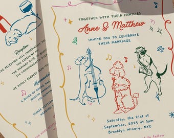 Invitación de boda Jazz Dogs • Plantilla de CANVA, ilustraciones informales dibujadas a mano, papelería divertida y original para la recepción de compromiso.