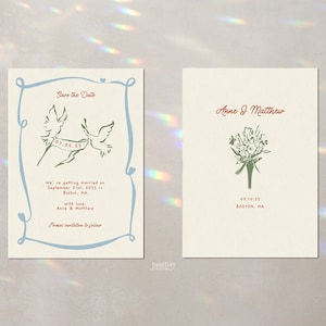 May include: Save the date card with a blue border and a drawing of two birds carrying a banner with the date 09.22.23. The text reads "we're getting married on September 22nd, 2023 in Boston, MA. with love, Anne & Matthew. Formal invitations to follow."