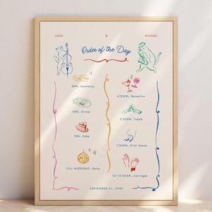 May include: A framed wedding day schedule with whimsical illustrations and text. The schedule includes times for the ceremony, dinner, cake, and party. The names Jesse and Michael are at the top, with the date September 21, 2026, at the bottom.