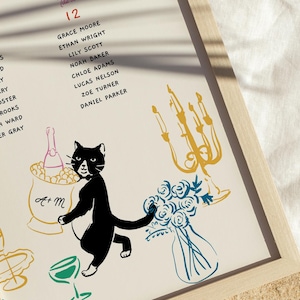 May include: Framed print with a playful illustration. A black cat is depicted near a champagne bottle in an ice bucket, a bouquet of blue flowers, and a gold candelabra. The print includes the number 12 and a list of names.