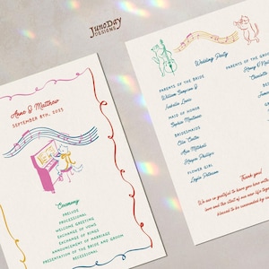 May include: Wedding program featuring whimsical illustrations of musical cats. The design includes the names of the couple, date, and ceremony details. The program is decorated with colorful borders and musical notes.