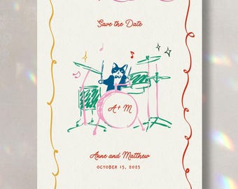 Jazz Cats Save the Date CANVA Template •  casual hand drawn illustrations, whimsical DIY engagement party, custom printable stationery A10