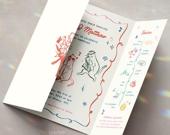 Plantilla de invitación de boda plegable de Jazz Cats para CANVA / Tarjeta de recepción editable, minimalista, divertida, original y caprichosa, dibujada a mano.