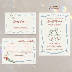 Bruiloft uitnodiging CANVA-sjabloon handgetekende | Moderne minimalistische grillige DIY-inktillustraties Retro duiven hart medaillon Bells Instant Download