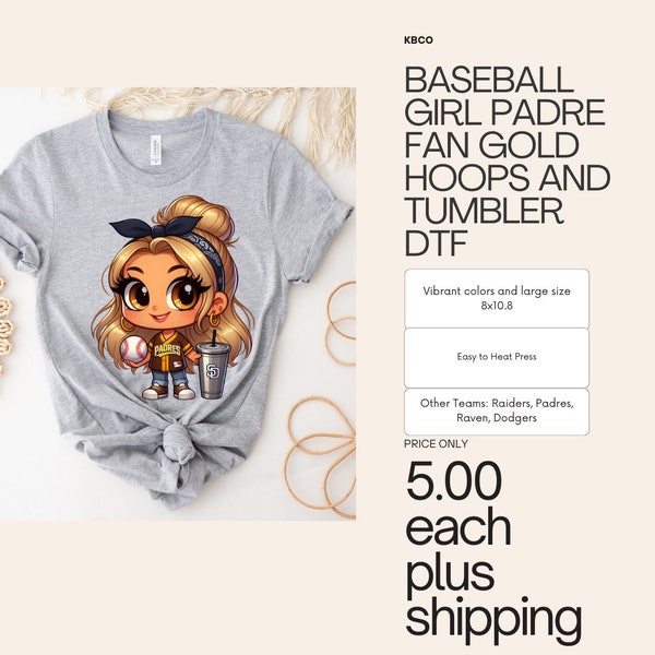 RTS Cartoon Girl Padre Baseball Fan Yellow and Brown Gold Hoops and Tumbler Screenprint DTF for Heat Press