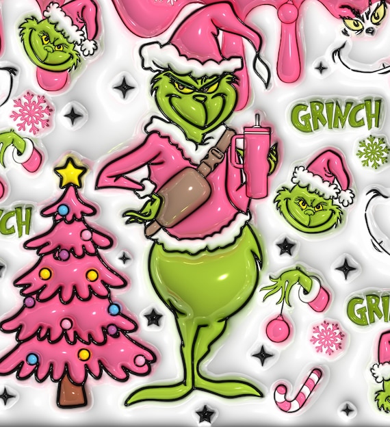 RTS 3D Puffy Pink Basic Christmas Grinch With Stanley Cup Sublimation wrap  for 20 oz Skinny tumbler.
