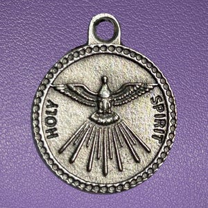 Holy Spirit Round Medal, Pray for Us, Silver Oxidized Die Cast Patron Saint Medals, Guidance and Enlightenment Medal, Catholic Gift