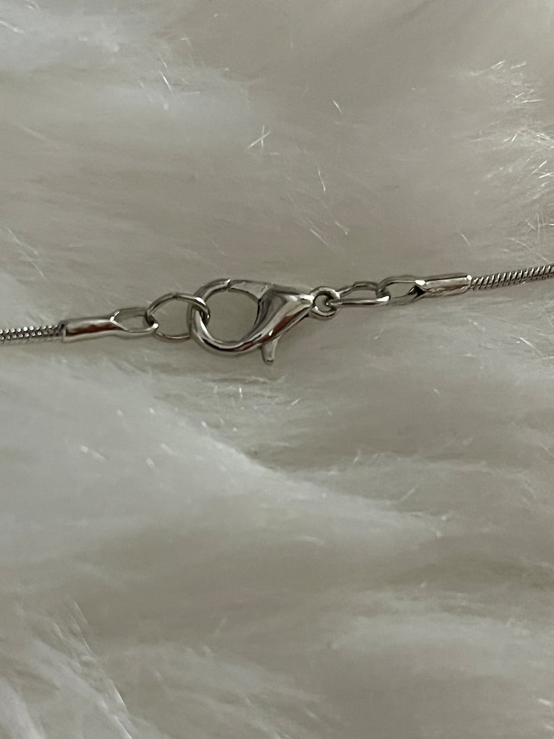 May include: Close-up of a silver chain necklace clasp with a lobster claw closure.