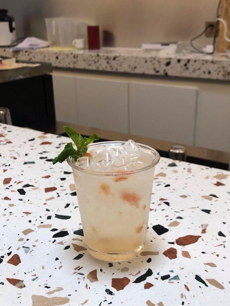 May include: A refreshing cocktail in a clear plastic cup, filled with ice cubes and a light-colored liquid, garnished with a sprig of mint. The drink sits on a speckled countertop with various colors.
