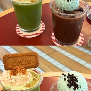 May include: Two clear plastic cups with drinks and toppings. One has a green drink with ice cream and a cookie. The other has a brown drink with mint ice cream and chocolate chips. Both are on red and white striped coasters.