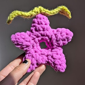 May include: A five-pointed star shaped crochet object in a vibrant magenta color with a circular hole in the center. Attached to the top of the star is a wavy, light green yarn stem that extends horizontally to both sides of the star.