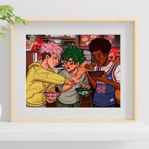 Trio de ilustração do protagonista Red Shoes (Miles Morales, Deku, Yuji Itadori)