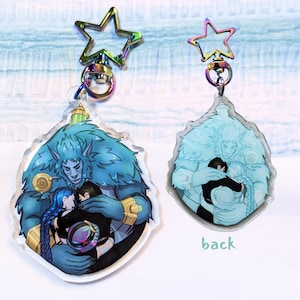 Puede incluir: Dos llaveros acrílicos. Uno muestra un personaje azul y peludo abrazando a dos personas a color, el otro es un contorno azul claro. Cada llavero tiene un cierre en forma de estrella. La palabra 'back' está impresa en uno.