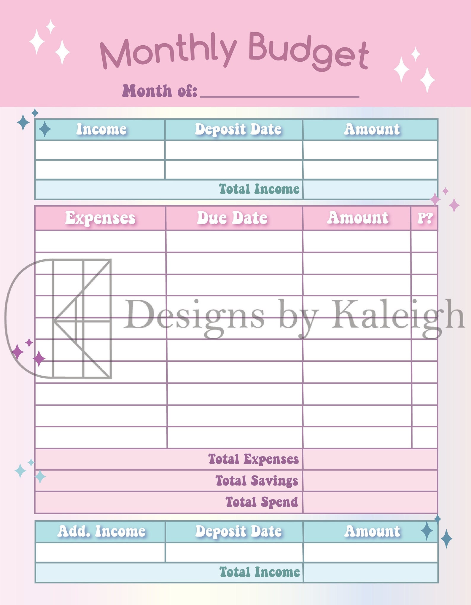 Monthly Budget Layout, Budget Planner in Pink, Monthly Expense Tracker ...
