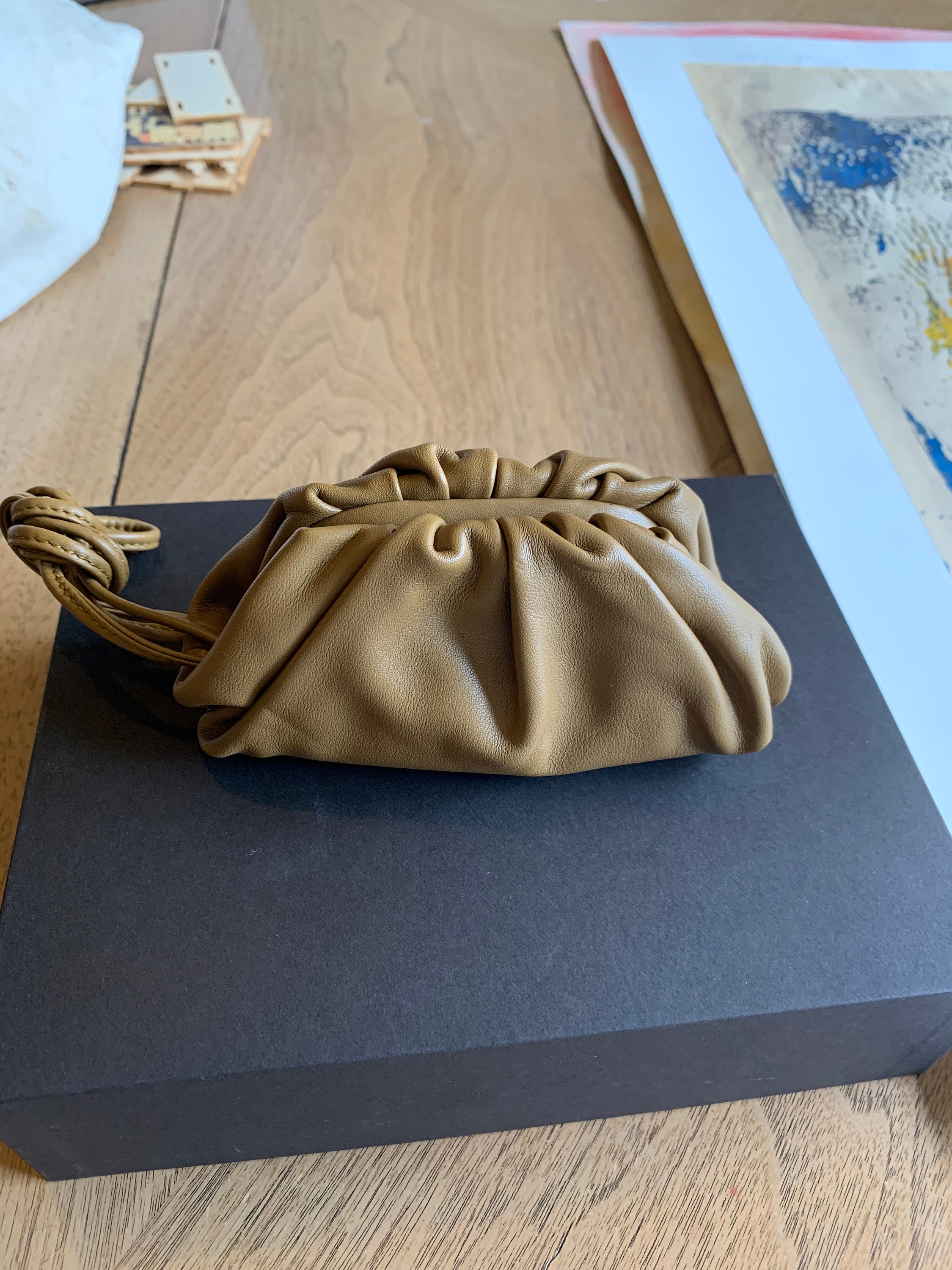 NWT Bottega Veneta Mini Cloud Dumpling Teak Leather Crossbody Pouch With  Strap