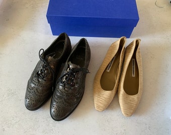 Bundle Manolo Blahnik + Stuart Weitzman beige/ black flats shoes 5.5 35.5 lot of 2