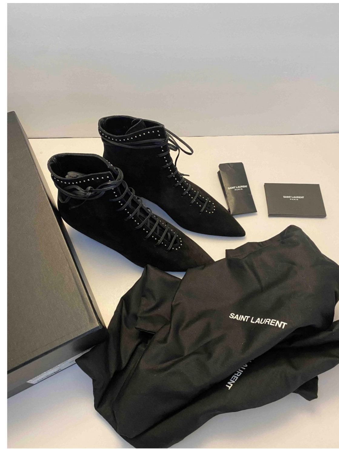 Saint Laurent スタッズ付きアンクルブーツ 黒 サンローラン ブレイズ スタッズ＆レースアップ アンクルブーツ