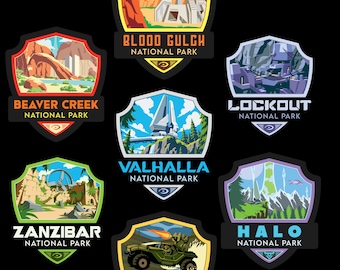 Halo Fictional National Park Stickers, 7 Pack, Water Resistant Vinyl Decals