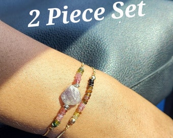2 piece Watermelon Tourmaline Bracelet set, Natural Gemstone, Unique, Elegant, Handmade In USA, Small Business, Stainless steel, Gold Plated