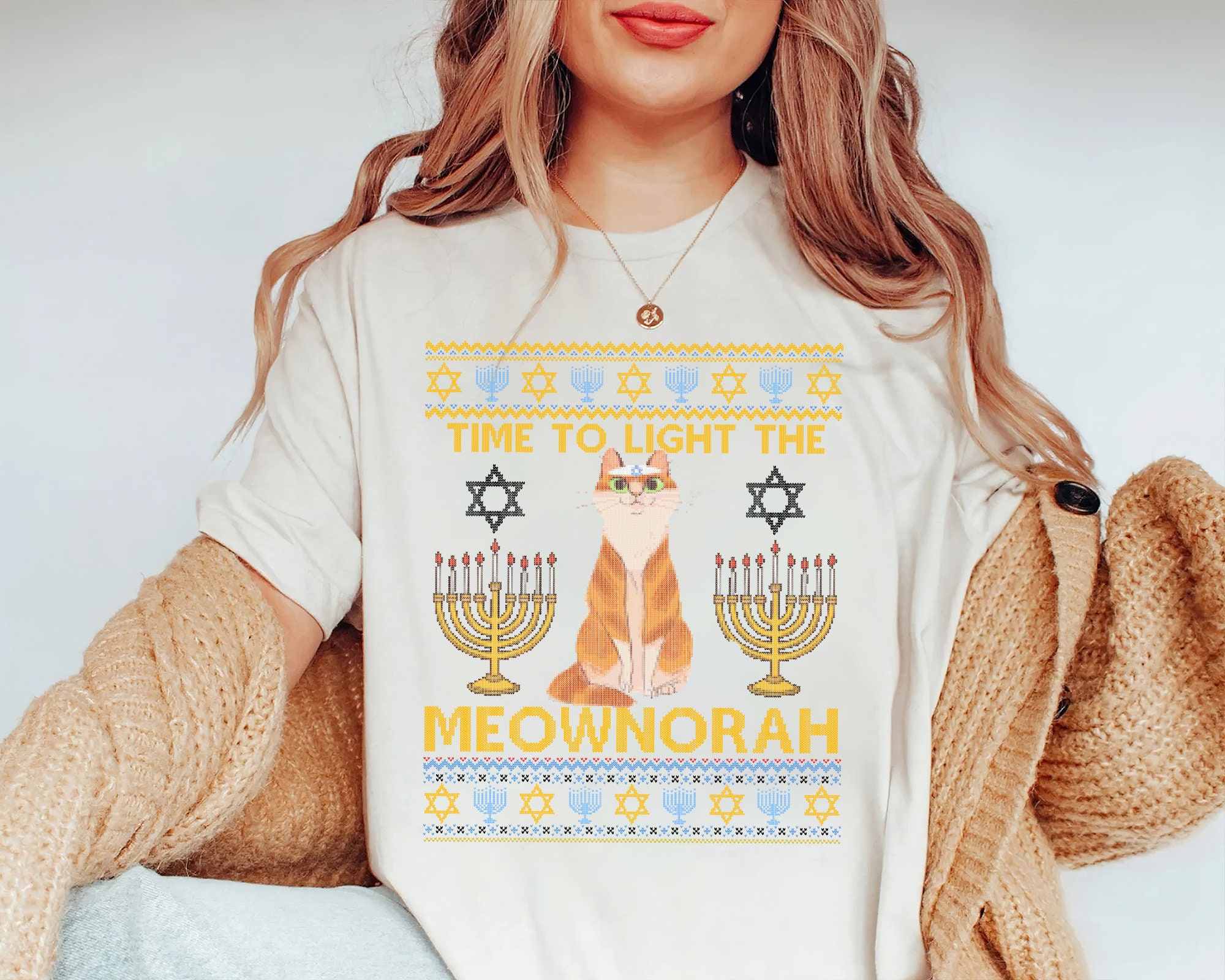 Funny Menorah Shirt Light the Meownorah Ugly Christmas Etsy