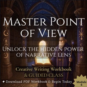Puede incluir: Ilustración para un cuaderno de escritura creativa. La imagen presenta el texto "MASTER POINT OF VIEW" y "UNLOCK THE HIDDEN POWER OF NARRATIVE LENS". Un mago sostiene un bastón y está en una biblioteca con un libro abierto.