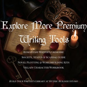 K&ouml;nnte beinhalten: Ein offenes Buch mit handgeschriebenem Text, eine brennende Kerze und eine dekorative Maske sind in diesem Bild zu sehen. Der Text lautet "Explore More Premium Writing Tools" und listet Schreibressourcen wie "Romantasy Writer's Grimoire" auf.