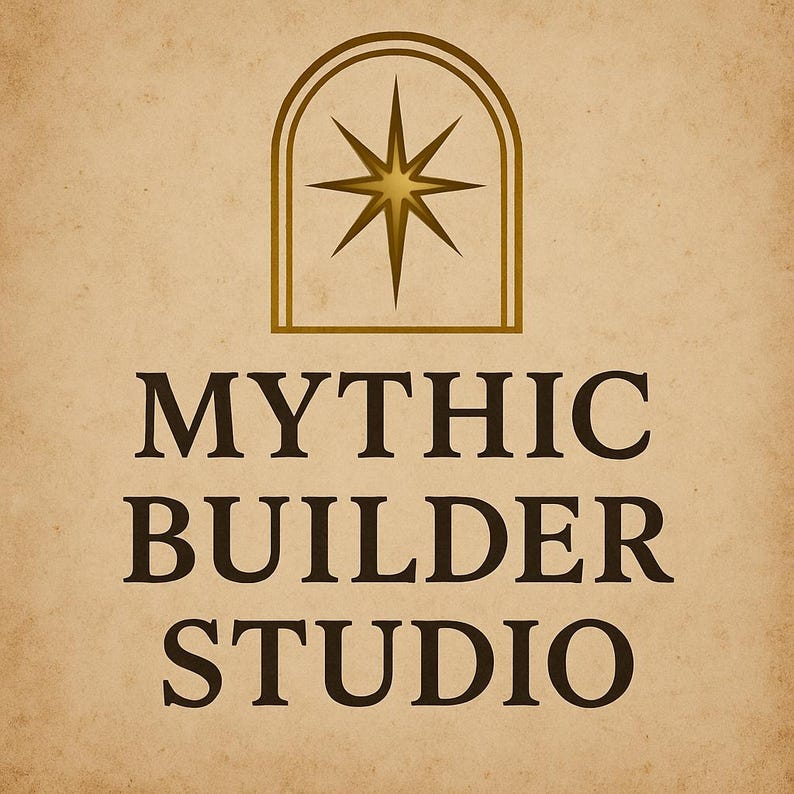 May include: Logo for Mythic Builder Studio. The logo features a gold-colored starburst design within a gold arch, above the words "Mythic Builder Studio" in a serif font, all set against a textured, tan background.