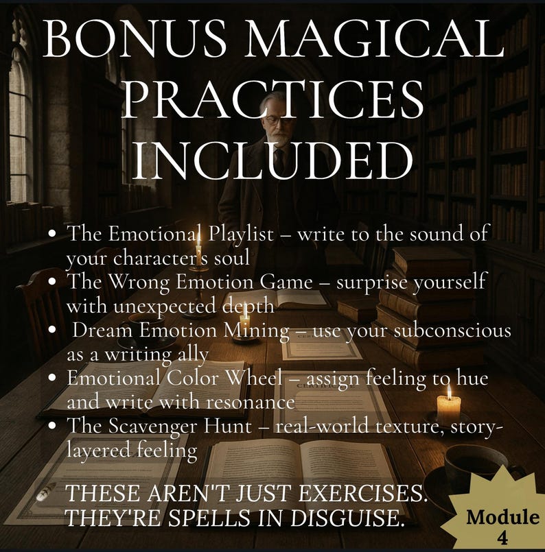 May include: Image features text: "BONUS MAGICAL PRACTICES INCLUDED" with a list of writing exercises. The text also says "THESE AREN'T JUST EXERCISES. THEY'RE SPELLS IN DISGUISE." A candle, books, and a cup of coffee are on a wooden table.