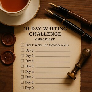 Checklist-style page with a 10-day writing challenge for romance writers. Styled with fountain pens, wax seals, and soft lighting. Invites daily scene creation.