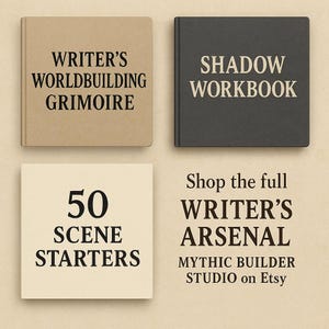 Grid preview of other digital writing kits from Mythic Builder Studio. Elegant, moody aesthetic with parchment, books, and soft light. Promotes full shop collection.