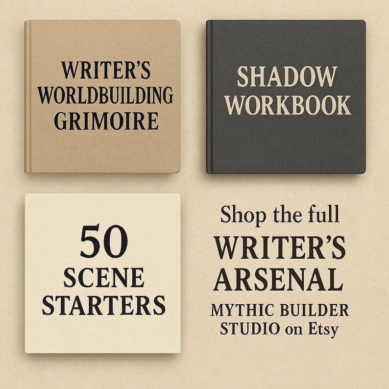 Grid preview of other digital writing kits from Mythic Builder Studio. Elegant, moody aesthetic with parchment, books, and soft light. Promotes full shop collection.