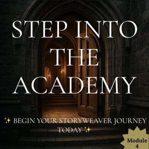 May include: An arched doorway with the text "STEP INTO THE ACADEMY" in white. Below, it reads "BEGIN YOUR STORYWEAVER JOURNEY TODAY." The image features a stone structure with a wooden door and a glimpse of a lit hallway.