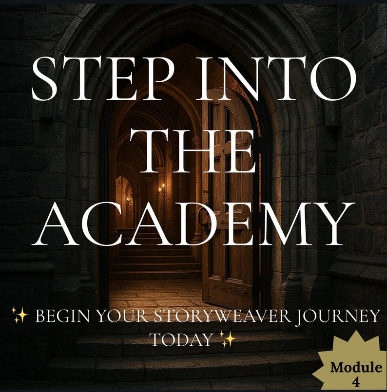 May include: An arched doorway with the text "STEP INTO THE ACADEMY" in white. Below, it reads "BEGIN YOUR STORYWEAVER JOURNEY TODAY." The image features a stone structure with a wooden door and a glimpse of a lit hallway.