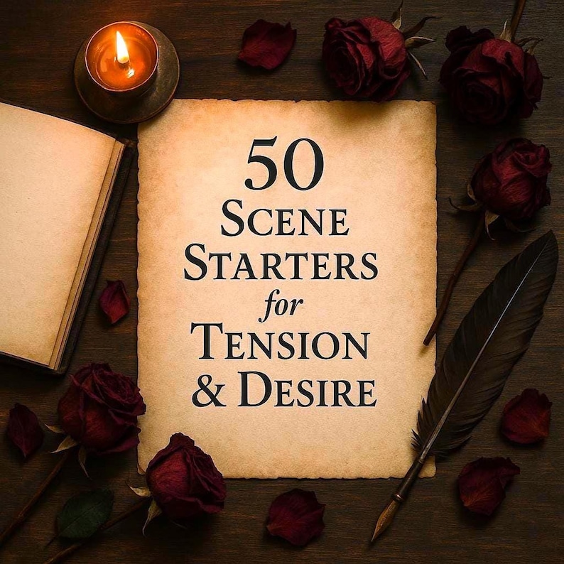 Flat lay of a digital PDF titled “50 Scene Starters for Tension & Desire,” surrounded by a candle, quill pen, dried roses, and a vintage journal. Romantic and moody dark academia aesthetic.