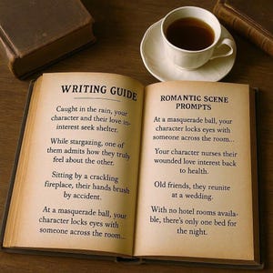 Open writing prompt guide showing two full pages of scene starters. A candlelit workspace with notebooks, books, and tea creates a cozy writer atmosphere.