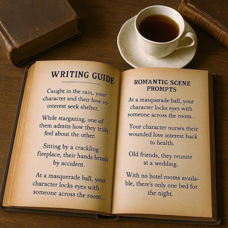 Open writing prompt guide showing two full pages of scene starters. A candlelit workspace with notebooks, books, and tea creates a cozy writer atmosphere.