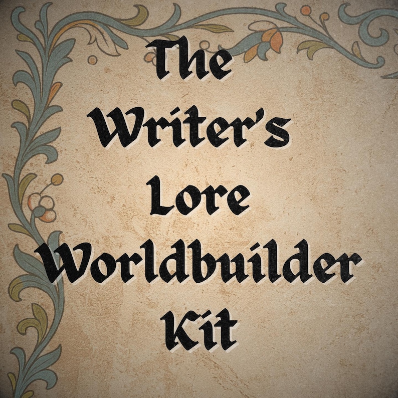 May include: A beige tile with the text "The Writer's Lore Worldbuilder Kit" in black gothic font. The tile has a decorative border with blue, green, and orange floral elements.