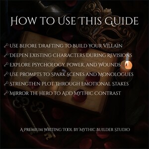 K&ouml;nnte beinhalten: Ein offenes Buch mit dem Titel "HOW TO USE THIS GUIDE" und Aufz&auml;hlungszeichen. Eine brennende Kerze, eine dekorative Maske, Schl&uuml;ssel und Rosenbl&auml;tter sind um das Buch herum verstreut. Der Text unten lautet "A PREMIUM WRITING TOOL BY MYTHIC BUILDER STUDIO."