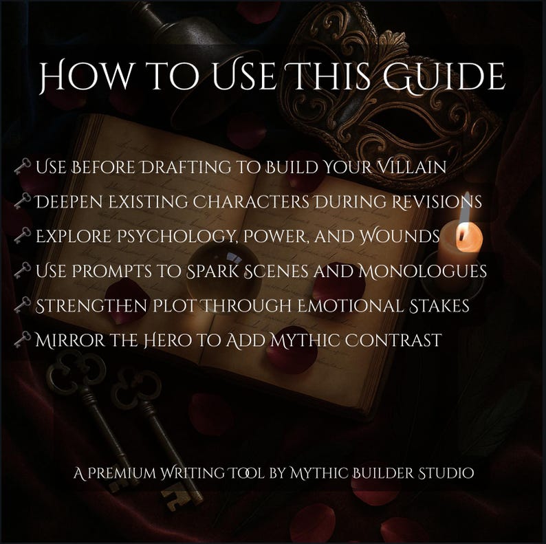 K&ouml;nnte beinhalten: Ein offenes Buch mit dem Titel "HOW TO USE THIS GUIDE" und Aufz&auml;hlungszeichen. Eine brennende Kerze, eine dekorative Maske, Schl&uuml;ssel und Rosenbl&auml;tter sind um das Buch herum verstreut. Der Text unten lautet "A PREMIUM WRITING TOOL BY MYTHIC BUILDER STUDIO."
