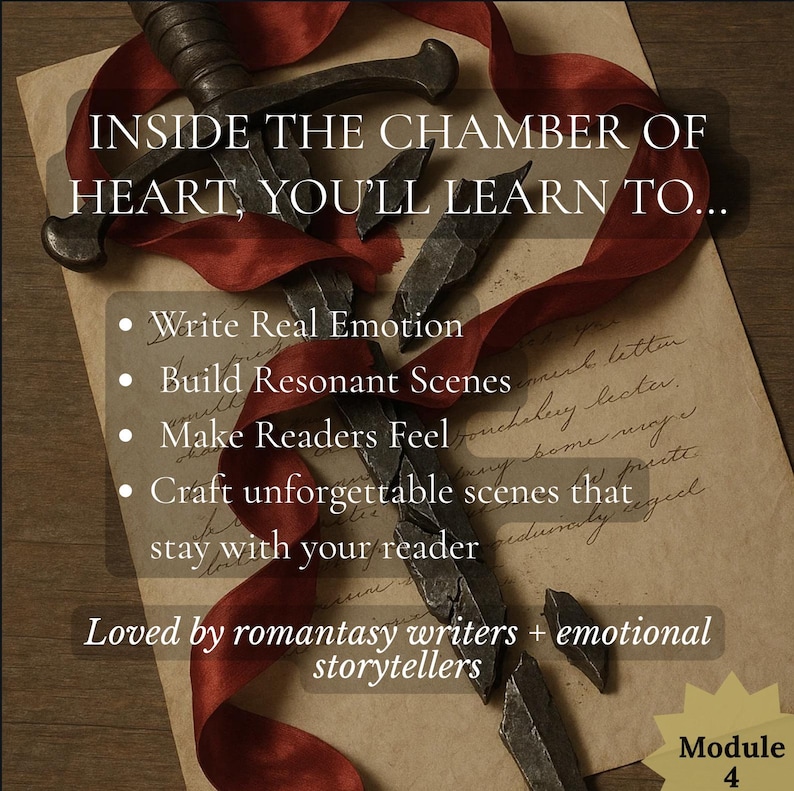 May include: Image features a broken sword with a red ribbon on a parchment background. Text reads "INSIDE THE CHAMBER OF HEART, YOU'LL LEARN TO..." with bullet points about writing. The text also says "Loved by romantasy writers + emotional storytellers."