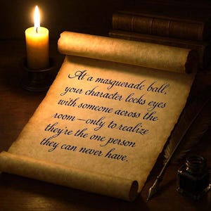 Writing prompt displayed in elegant script on a parchment scroll. Surrounded by vintage decor and candlelight. Romantic and slightly mysterious atmosphere.