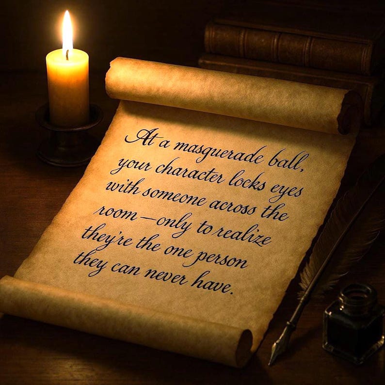 Writing prompt displayed in elegant script on a parchment scroll. Surrounded by vintage decor and candlelight. Romantic and slightly mysterious atmosphere.