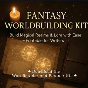 Pode incluir: Imagem promocional de um kit de construção de mundos de fantasia. O texto diz "FANTASY WORLDBUILDING KIT" e "Build Magical Realms & Lore with Ease - Printable for Writers". A imagem inclui uma vela acesa, papel pergaminho e um diário encadernado em couro.