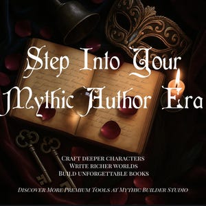 K&ouml;nnte beinhalten: Ein offenes Buch mit dem Text "Step Into Your Mythic Author Era" ist von einer Kerze, Schl&uuml;sseln, einer Glocke und einer Maske umgeben. Das Bild enth&auml;lt den Text "Craft Deeper Characters, Write Richer Worlds, Build Unforgettable Books."