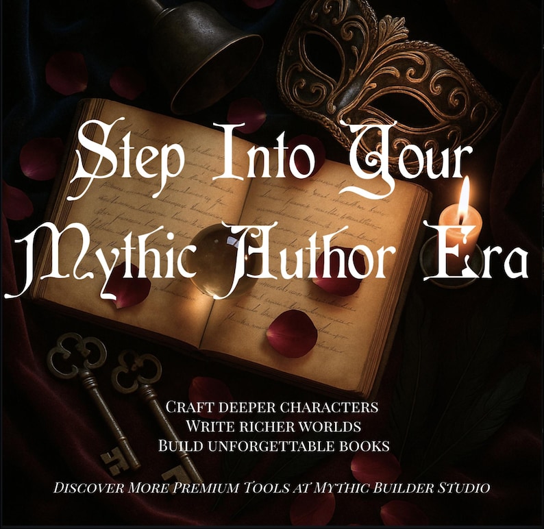 K&ouml;nnte beinhalten: Ein offenes Buch mit dem Text "Step Into Your Mythic Author Era" ist von einer Kerze, Schl&uuml;sseln, einer Glocke und einer Maske umgeben. Das Bild enth&auml;lt den Text "Craft Deeper Characters, Write Richer Worlds, Build Unforgettable Books."