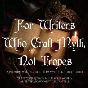 K&ouml;nnte beinhalten: Ein offenes Buch mit dem Text "For Writers Who Craft Myth, Not Tropes" ist der Mittelpunkt dieses Bildes. Eine brennende Kerze, eine Maske und Rosenbl&auml;tter erg&auml;nzen die &Auml;sthetik. Der Text darunter lautet "A Premium Writing Tool from Mythic Builder Studio."