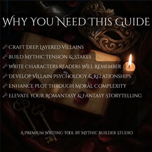 K&ouml;nnte beinhalten: Ein offenes Buch mit Text, eine brennende Kerze und Schl&uuml;ssel. Der Text lautet "WHY YOU NEED THIS GUIDE" und listet Tipps zum Schreiben auf. Ein Premium-Schreibwerkzeug von Mythic Builder Studio. Dunkles, mysteri&ouml;ses Thema.