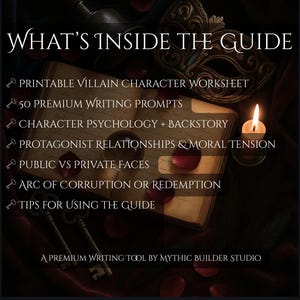 K&ouml;nnte beinhalten: Ein offenes Buch mit Text, eine brennende Kerze, Schl&uuml;ssel und eine Maske. Der Text lautet "WHAT'S INSIDE THE GUIDE" und listet Schreibanregungen und Themen zur Charakterentwicklung auf. Das Bild hat ein dunkles, mysteri&ouml;ses Thema mit verstreuten Rosenbl&auml;ttern.