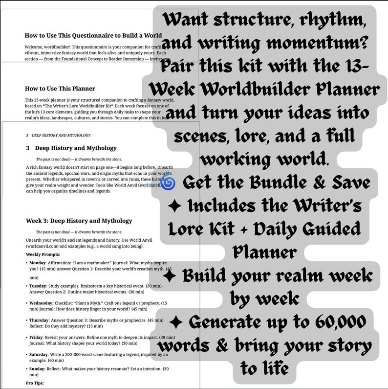 May include: A fantasy worldbuilding kit with a 13-week planner, lore kit, and daily guided planner. The image includes text about building a world, generating up to 60,000 words, and bringing a story to life.